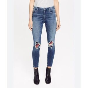 MOTHER Jeans Women Size 29 High Waisted Ankle Fray Distressed Plaid Patch
